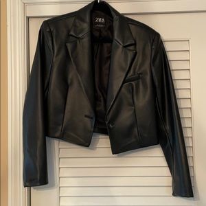 Cropped Faux Leather Blazer